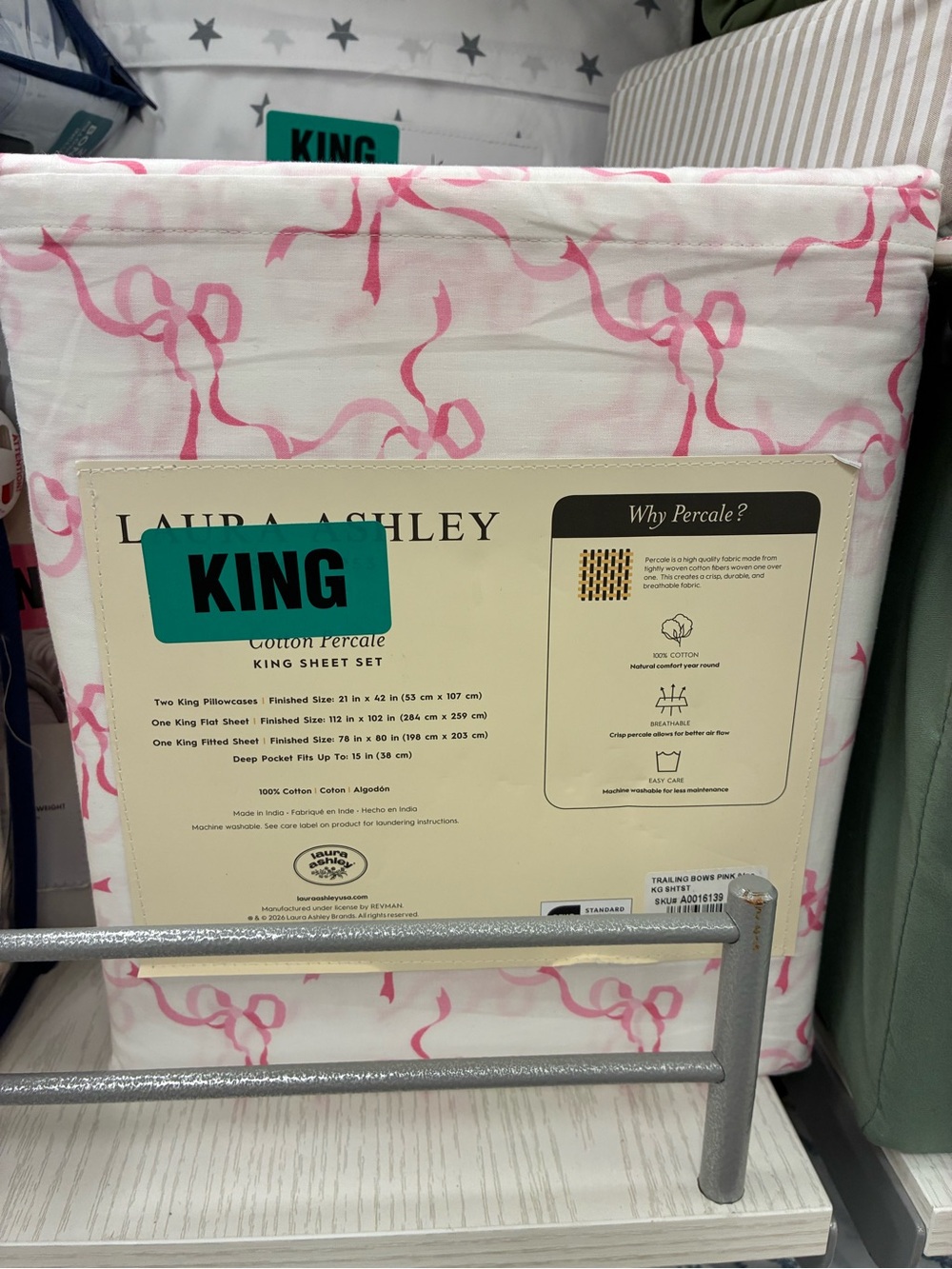 Laura Ashley Pink Ribbon Print King Cotton Percale Sheet Set